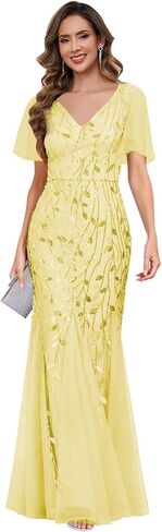 petyoo Sequin Mother of The Bride Dresses with Sleeves V-Neck Tulle Formal Evening Dress in Kuwait