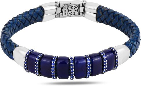 Men's Silver Blue Leather Bracelet, Natural Sapphire Stone Bracelet Genuine Leather Bracelet, Blue Sapphire Stone Bracelet, 925k Silver in Saudi Arabia