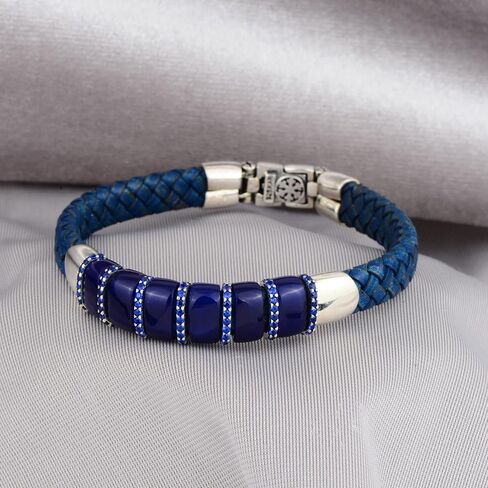 Men's Silver Blue Leather Bracelet, Natural Sapphire Stone Bracelet Genuine Leather Bracelet, Blue Sapphire Stone Bracelet, 925k Silver in Saudi Arabia