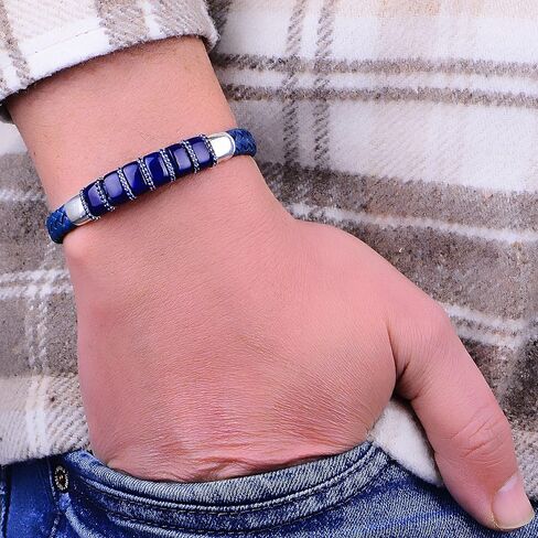 Men's Silver Blue Leather Bracelet, Natural Sapphire Stone Bracelet Genuine Leather Bracelet, Blue Sapphire Stone Bracelet, 925k Silver in Saudi Arabia