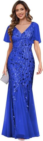 petyoo Sequin Mother of The Bride Dresses with Sleeves V-Neck Tulle Formal Evening Dress in Kuwait