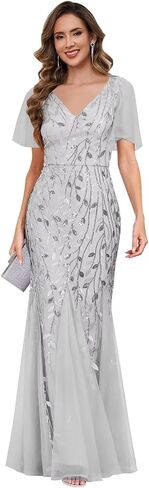 petyoo Sequin Mother of The Bride Dresses with Sleeves V-Neck Tulle Formal Evening Dress in Kuwait