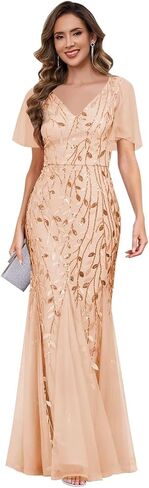 petyoo Sequin Mother of The Bride Dresses with Sleeves V-Neck Tulle Formal Evening Dress in Kuwait