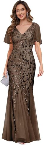 petyoo Sequin Mother of The Bride Dresses with Sleeves V-Neck Tulle Formal Evening Dress in Kuwait