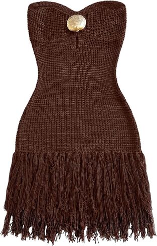 WDIRARA Women's Metal Fringe Hem Knitted Tube Dress Cut Out Layered Mini Boho Dresses in Saudi Arabia
