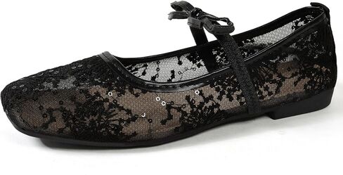 Women's Square Toe Floral Dot Lace Mesh Shoes, Fashion Breathable Mary Jane Ballet Shoes, Casual Daily Commute Slip-On Flat Sandals for Summer in Kuwait
