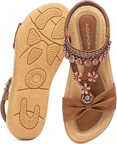 Womens Flat Sandals Comfortable: Bohemian Walking Shoes | Elastic Ankle Strap & Cushioned Footbed - Slip On Summer Dressy Sandals for Beach Vacation in Saudi Arabia
