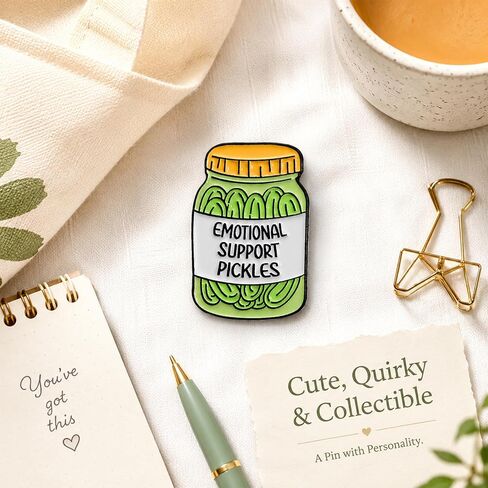 Funny Pickle Enamel Pin, Emotional Support Brooch Gift for Jackets | 1 Glossy cartoon pickle jar enamel pin with a playful message; a cheerful accent for jackets, bags, hats, and pin boards. in Saudi Arabia