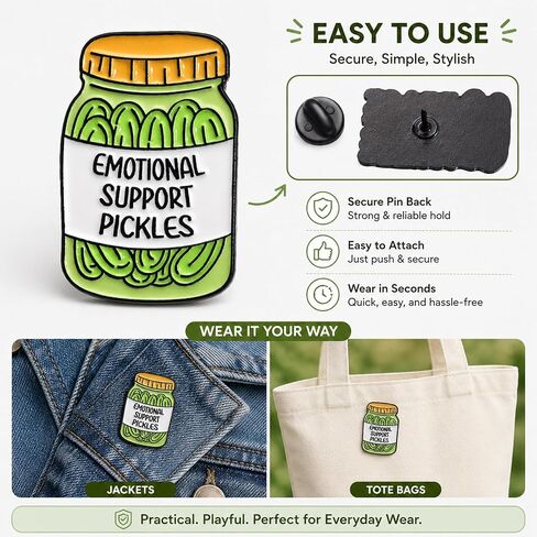 Funny Pickle Enamel Pin, Emotional Support Brooch Gift for Jackets | 1 Glossy cartoon pickle jar enamel pin with a playful message; a cheerful accent for jackets, bags, hats, and pin boards. in Saudi Arabia