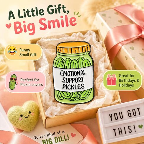 Funny Pickle Enamel Pin, Emotional Support Brooch Gift for Jackets | 1 Glossy cartoon pickle jar enamel pin with a playful message; a cheerful accent for jackets, bags, hats, and pin boards. in Saudi Arabia