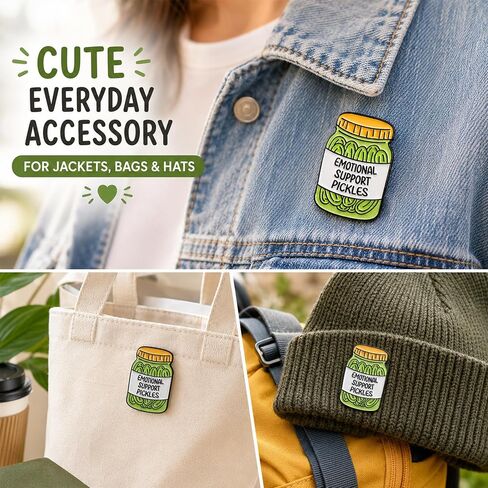 Funny Pickle Enamel Pin, Emotional Support Brooch Gift for Jackets | 1 Glossy cartoon pickle jar enamel pin with a playful message; a cheerful accent for jackets, bags, hats, and pin boards. in Saudi Arabia