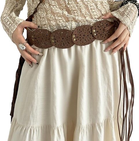 Bohemian Wide Belt for Women, PU Leather Waist Belt with Cutout & Tassel, Wide Boho Adjustable Tie Belts for Dresses in Saudi Arabia