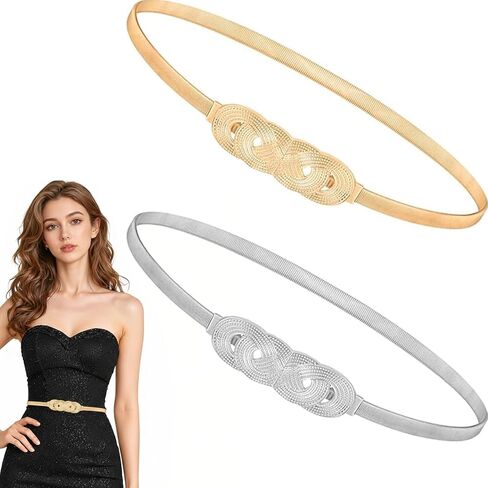 2 Pack Women’s Metal Stretch Waist Belt - Gold & Silver Skinny Elastic Chain Belt for Dresses - Formal Interlocking Buckle Waistband Set in Saudi Arabia