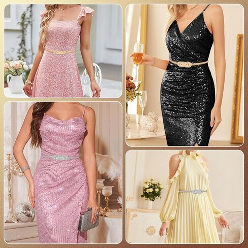 2 Pack Women’s Metal Stretch Waist Belt - Gold & Silver Skinny Elastic Chain Belt for Dresses - Formal Interlocking Buckle Waistband Set in Saudi Arabia
