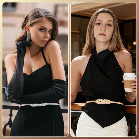 2 Pack Women’s Metal Stretch Waist Belt - Gold & Silver Skinny Elastic Chain Belt for Dresses - Formal Interlocking Buckle Waistband Set in Saudi Arabia