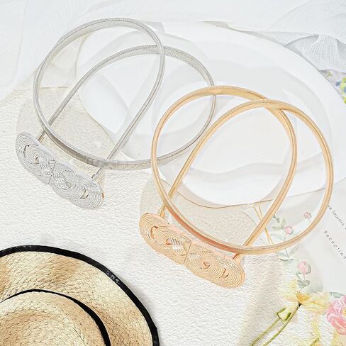 2 Pack Women’s Metal Stretch Waist Belt - Gold & Silver Skinny Elastic Chain Belt for Dresses - Formal Interlocking Buckle Waistband Set in Saudi Arabia