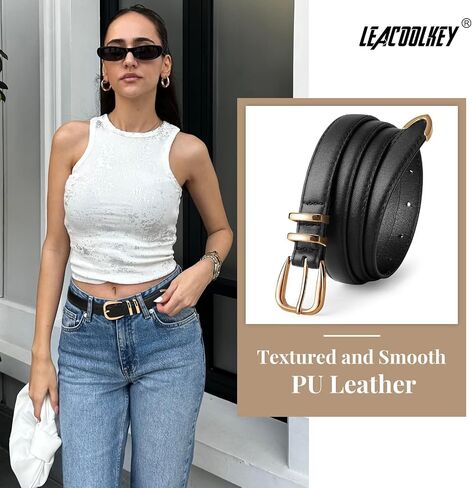 LEACOOLKEY Women Leather Belt with Gold Buckle Thin Waist Belt for Jeans Dress Ladies Skinny Faux Leather Belt in Saudi Arabia