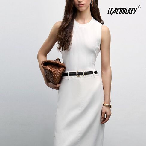 LEACOOLKEY Women Leather Belt with Gold Buckle Thin Waist Belt for Jeans Dress Ladies Skinny Faux Leather Belt in Saudi Arabia