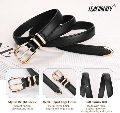 LEACOOLKEY Women Leather Belt with Gold Buckle Thin Waist Belt for Jeans Dress Ladies Skinny Faux Leather Belt in Saudi Arabia