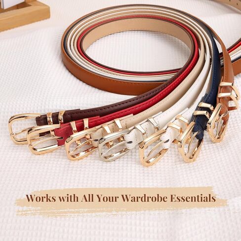 LEACOOLKEY Women Leather Belt with Gold Buckle Thin Waist Belt for Jeans Dress Ladies Skinny Faux Leather Belt in Saudi Arabia