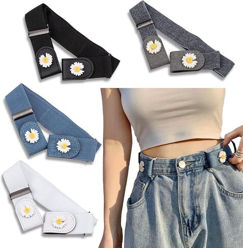 No Buckle Elastic Belt with Daisy Design, Women's Invisible Stretch Belt for Jeans, 4 Colors Pack, Black White Blue Gray in Saudi Arabia