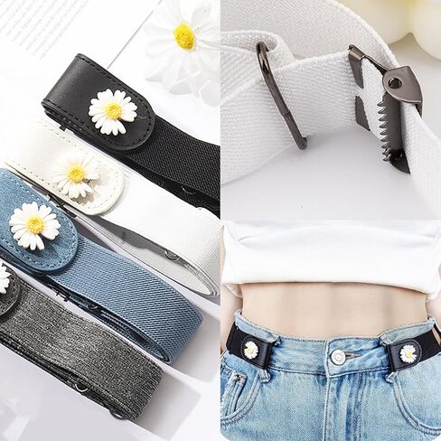 No Buckle Elastic Belt with Daisy Design, Women's Invisible Stretch Belt for Jeans, 4 Colors Pack, Black White Blue Gray in Saudi Arabia