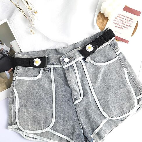 No Buckle Elastic Belt with Daisy Design, Women's Invisible Stretch Belt for Jeans, 4 Colors Pack, Black White Blue Gray in Saudi Arabia