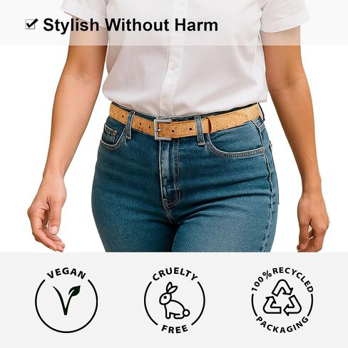 Corkor Women's Slim Belt 1" – Cork Strap with Gold or Silver Nickel-Free Buckle, Vegan, Lightweight, Eco-Conscious in Saudi Arabia