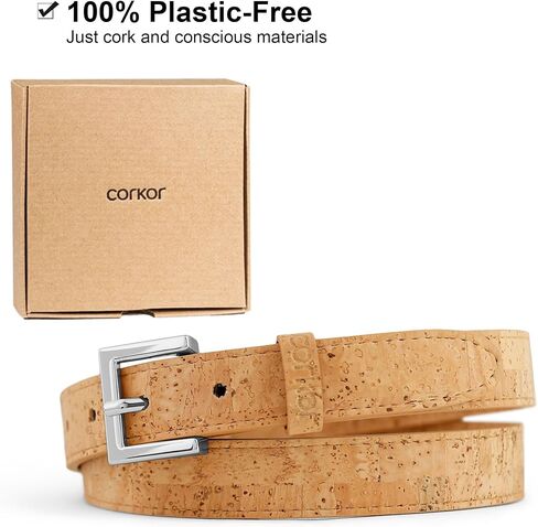 Corkor Women's Slim Belt 1" – Cork Strap with Gold or Silver Nickel-Free Buckle, Vegan, Lightweight, Eco-Conscious in Saudi Arabia