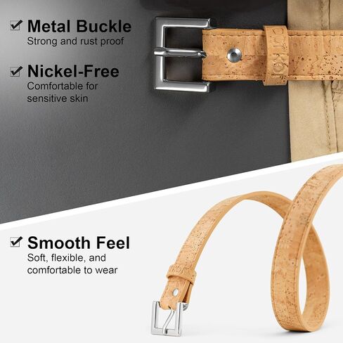 Corkor Women's Slim Belt 1" – Cork Strap with Gold or Silver Nickel-Free Buckle, Vegan, Lightweight, Eco-Conscious in Saudi Arabia