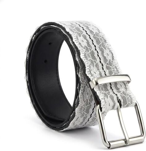 1 Womens White 1.5 Inch Wide Vintage Aesthetic Elegant Delicate Floral Lace Pattern Decorative Belt with Silver Buckle Trendy Fashion Adjustable Waist Belt for Dresses Pants in Saudi Arabia