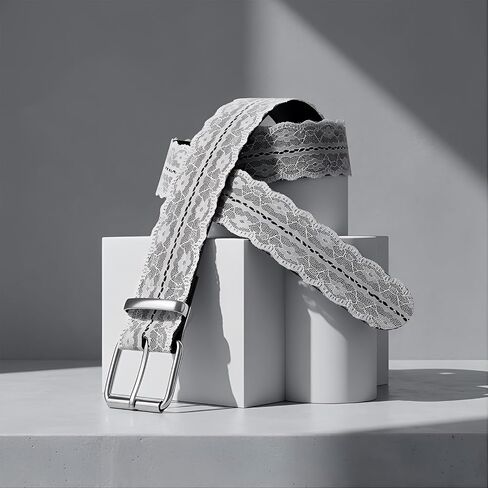 1 Womens White 1.5 Inch Wide Vintage Aesthetic Elegant Delicate Floral Lace Pattern Decorative Belt with Silver Buckle Trendy Fashion Adjustable Waist Belt for Dresses Pants in Saudi Arabia