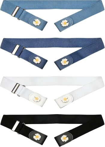 4 Pack Buckleless Belts for Women Stretch Elastic No Buckle Belt Invisible Waist Belt with Denim Floral Design Womens Stretch Belts for Jeans Pants Black White Light Blue Navy Blue in Saudi Arabia
