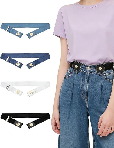 4 Pack Buckleless Belts for Women Stretch Elastic No Buckle Belt Invisible Waist Belt with Denim Floral Design Womens Stretch Belts for Jeans Pants Black White Light Blue Navy Blue in Saudi Arabia