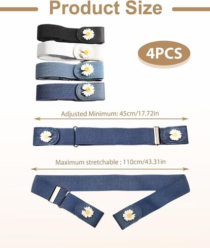 4 Pack Buckleless Belts for Women Stretch Elastic No Buckle Belt Invisible Waist Belt with Denim Floral Design Womens Stretch Belts for Jeans Pants Black White Light Blue Navy Blue in Saudi Arabia
