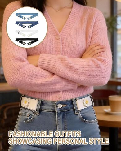4 Pack Buckleless Belts for Women Stretch Elastic No Buckle Belt Invisible Waist Belt with Denim Floral Design Womens Stretch Belts for Jeans Pants Black White Light Blue Navy Blue in Saudi Arabia