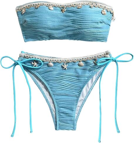 OYOANGLE Women's Textured Bandeau Bikini Set Starfish Strapless Swimsuits Drawstring Tie Side Bathing Suits in Kuwait