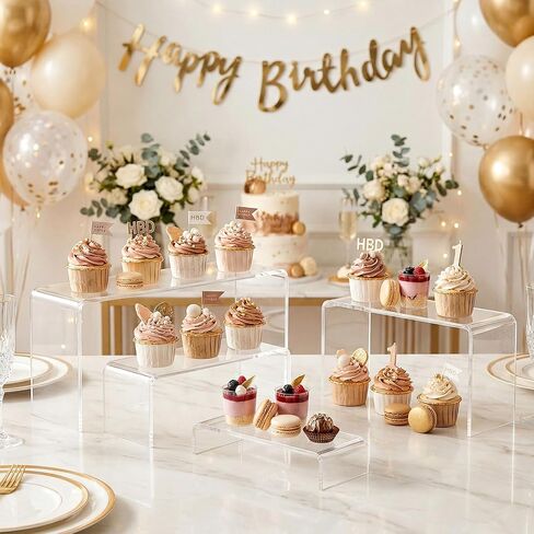 FUNFERY Acrylic Display Risers,2 Sets(7.8" L~8.2" L~8.6" L) Display Stand Shelf for Figure,Collectibles,Cupcake,Clear Acrylic Risers for Displays Case Cabinet,Dessert Table,Shelf Riser for Decor,Food in Saudi Arabia