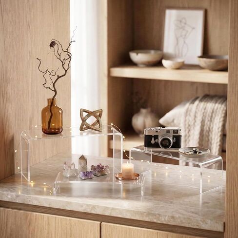 FUNFERY Acrylic Display Risers,2 Sets(7.8" L~8.2" L~8.6" L) Display Stand Shelf for Figure,Collectibles,Cupcake,Clear Acrylic Risers for Displays Case Cabinet,Dessert Table,Shelf Riser for Decor,Food in Saudi Arabia