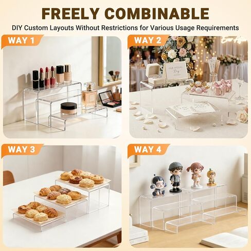 FUNFERY Acrylic Display Risers,2 Sets(7.8" L~8.2" L~8.6" L) Display Stand Shelf for Figure,Collectibles,Cupcake,Clear Acrylic Risers for Displays Case Cabinet,Dessert Table,Shelf Riser for Decor,Food in Saudi Arabia