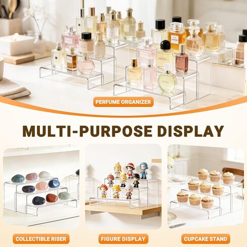 FUNFERY Acrylic Display Risers,2 Sets(7.8" L~8.2" L~8.6" L) Display Stand Shelf for Figure,Collectibles,Cupcake,Clear Acrylic Risers for Displays Case Cabinet,Dessert Table,Shelf Riser for Decor,Food in Saudi Arabia