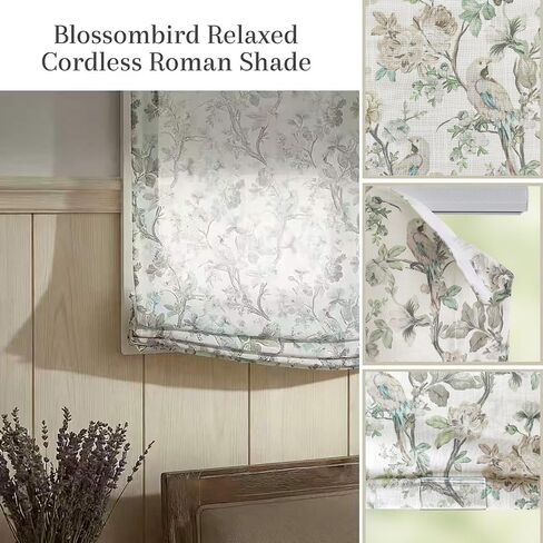 Everyday Celebration Elegant Floral Bird Relaxed Roman Shades, Light Filtering Blinds, Cordless Lift, Pull Down Window Treatment for Home, 34" W x 64" H Blossombird in Saudi Arabia