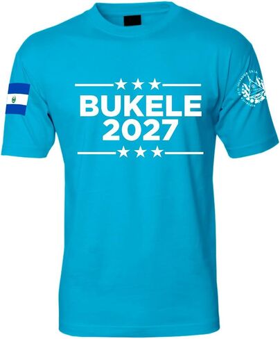 تي شيرت جرافيك للجنسين، تصميم Bukele 2027 مع العلم، قطن، أسود وأزرق سماوي، كم قصير in Kuwait