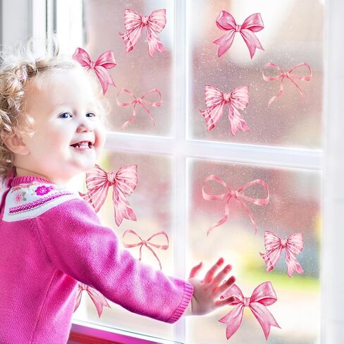 JarThenaAMCS 9 Sheets Trendy Bow Window Clings Watercolor Light Pink Bow Window Stickers Double-Sided Glass Decals for Valentine's Day Coquette Birthday Home School Office Decor in Kuwait
