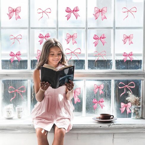JarThenaAMCS 9 Sheets Trendy Bow Window Clings Watercolor Light Pink Bow Window Stickers Double-Sided Glass Decals for Valentine's Day Coquette Birthday Home School Office Decor in Kuwait