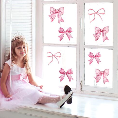JarThenaAMCS 9 Sheets Trendy Bow Window Clings Watercolor Light Pink Bow Window Stickers Double-Sided Glass Decals for Valentine's Day Coquette Birthday Home School Office Decor in Kuwait