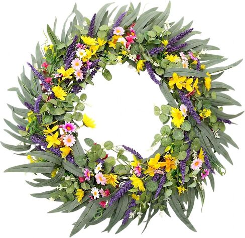 32" Spring Summer Wreath for Front Door Extra Large Fake Floral Wreath with Eucalyptus Leaves, Lavender and Daisy for Window Farmhouse Festival Holiday Party Wedding Home Seasonal Decor in Saudi Arabia