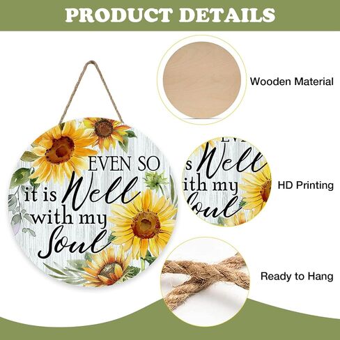Sunflower Inspirational Front Door Sign, Spring Summer Even So It is Well with My Soul Flower Wood Hanger Porch Home Decor, Fall Floral Farmhouse Wooden Wreath Indoor Wall Hanging Decoration in Saudi Arabia