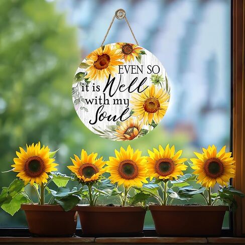 Sunflower Inspirational Front Door Sign, Spring Summer Even So It is Well with My Soul Flower Wood Hanger Porch Home Decor, Fall Floral Farmhouse Wooden Wreath Indoor Wall Hanging Decoration in Saudi Arabia