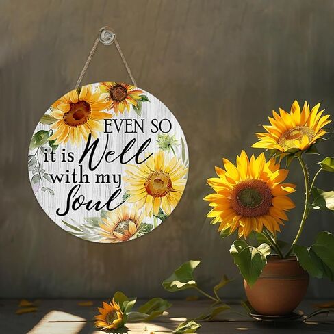 Sunflower Inspirational Front Door Sign, Spring Summer Even So It is Well with My Soul Flower Wood Hanger Porch Home Decor, Fall Floral Farmhouse Wooden Wreath Indoor Wall Hanging Decoration in Saudi Arabia